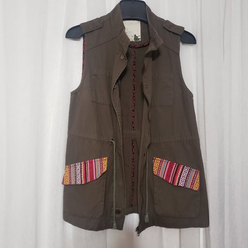 En Crene Boho Vest Full Zipper Southwest Print Pocket Cardigan Size Medium - Picture 2 of 7